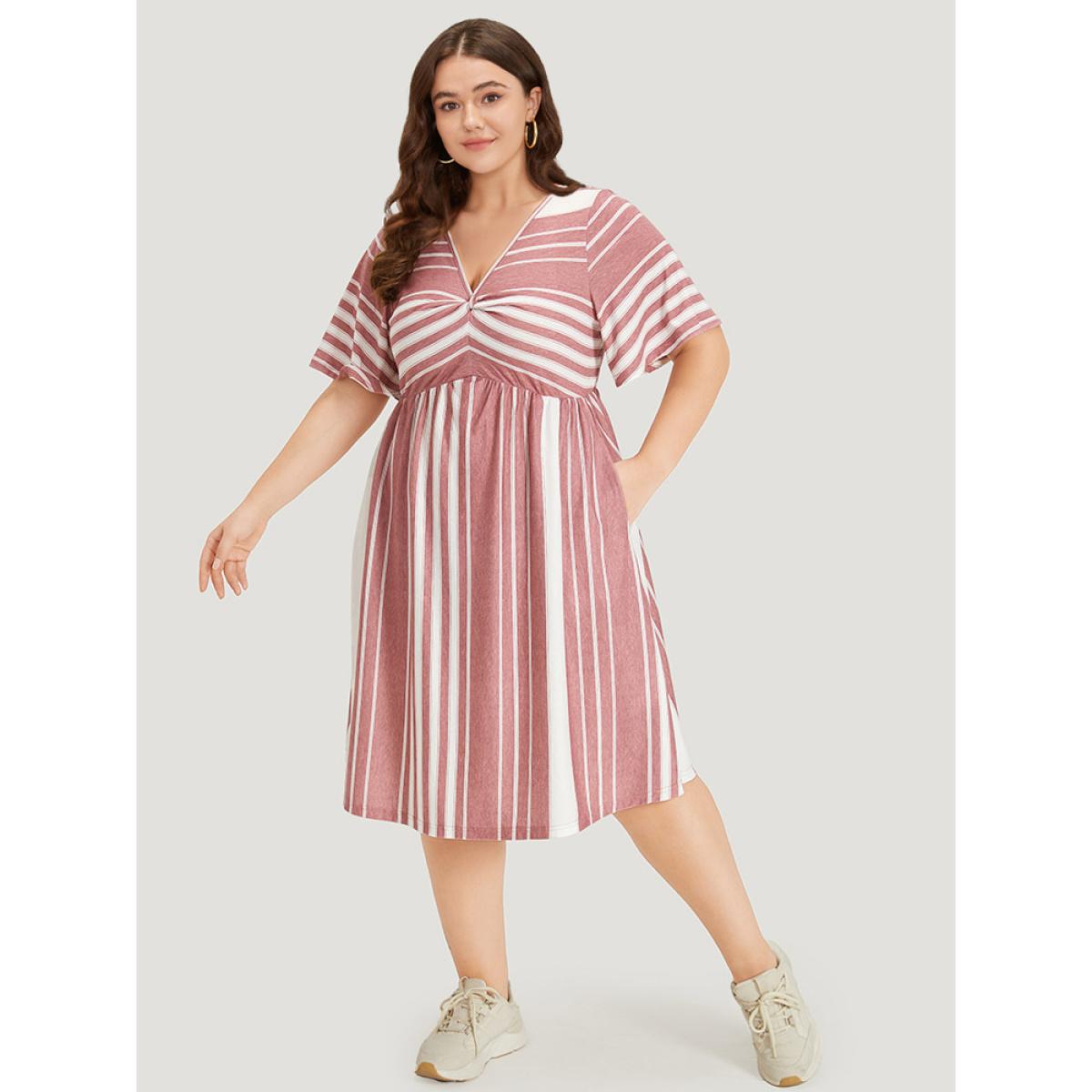 Plus Size Striped Print Pocket Twist Front Dress DustyPink Women Casual Elastic Waist V-neck Short sleeve Curvy Midi Dress BloomChic 22-24/3X Product Image