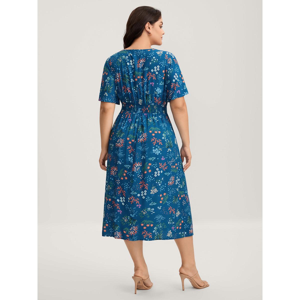 Plus Size Rayon Playful Floral Shirred Midi Dress Mediumblue Women Timeless Notched collar Short sleeve Curvy BloomChic 30/6X Product Image
