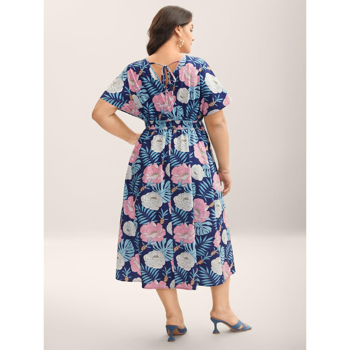 Plus Size Tropical Print Back-Tie Shirred Midi Dress DarkBlue Women Overlap Collar Short sleeve Curvy BloomChic 12/L Product Image
