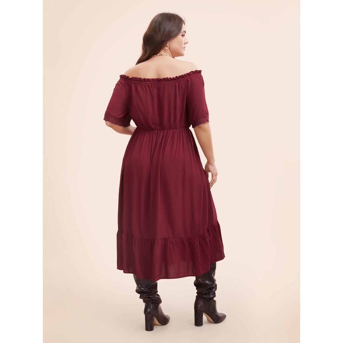 Plus Size Plain Off Shoulder Lace Trim Ruffle Hem Dress Burgundy Women Resort Woven ribbon&lace trim One-shoulder neck Half Sleeve Curvy BloomChic 28/5X Product Image