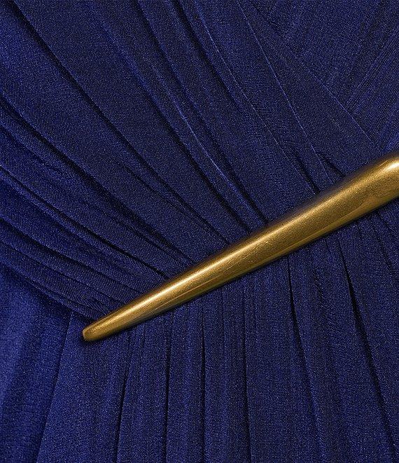 Donna Karan V-Neck Sleeveless Ruched Gold Broach Sheath Dress Product Image