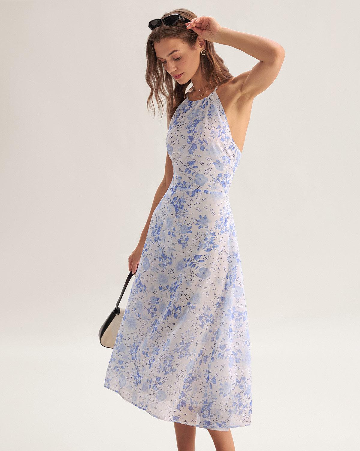 Blue Floral Halter Midi Dress Product Image