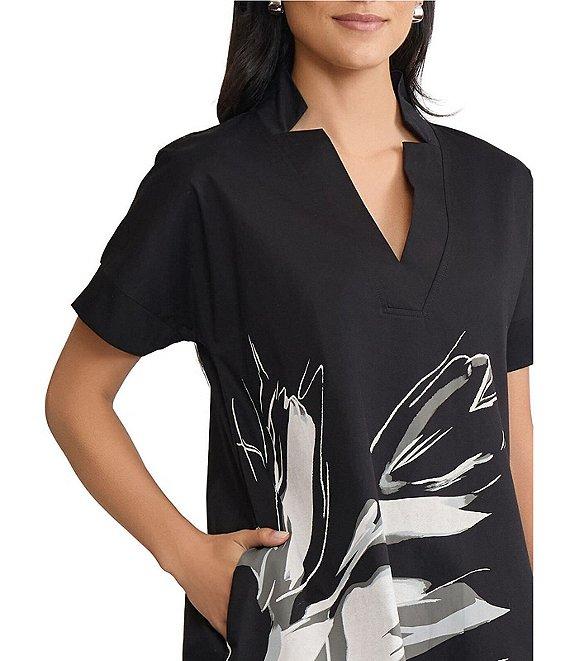 Ming Wang Floral Printed Stretch Cotton V-Neck Short Sleeve A-Line Dress Product Image