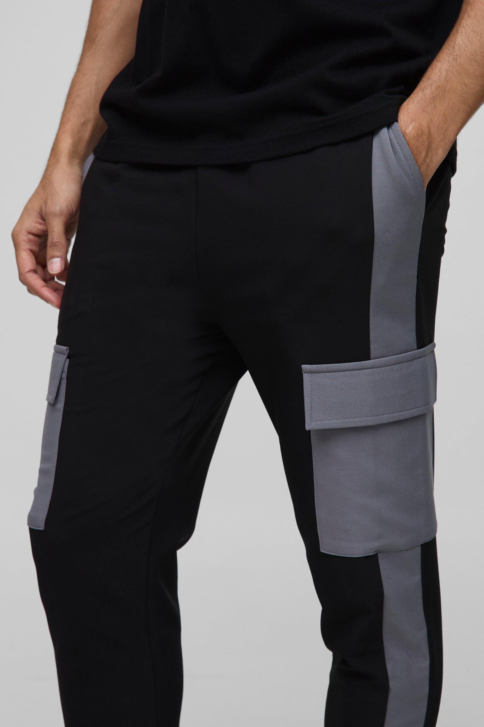 Elasticated Waist Skinny Fit Technical Stretch Colour Block Cargo Pants | boohooMAN USA Product Image