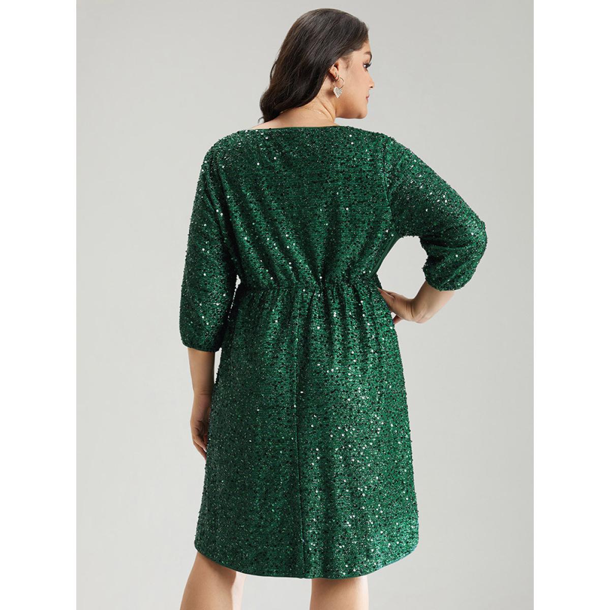Plus Size Sequin Overlap Collar Elastic Waist Knee Dress DarkGreen Women Cocktail Wrap Overlap Collar Elbow-length sleeve Curvy Knee Dress BloomChic 22-24/3X Product Image