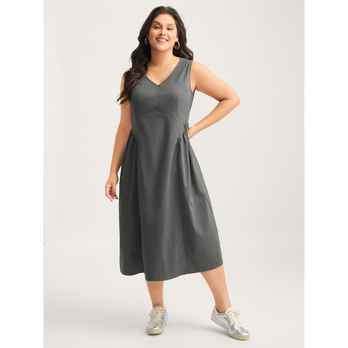 Plus Size Solid Pleated Drop Waist Midi Dress DimGray Women Gathered V-neck Sleeveless Curvy BloomChic 12/L Product Image