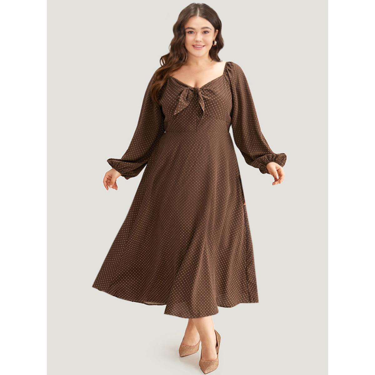 Plus Size Polka Dot Knot Neck Lantern Sleeve Dress DarkBrown Women Elegant Elastic cuffs Tie Neck Long Sleeve Curvy Midi Dress BloomChic 22-24/3X Product Image