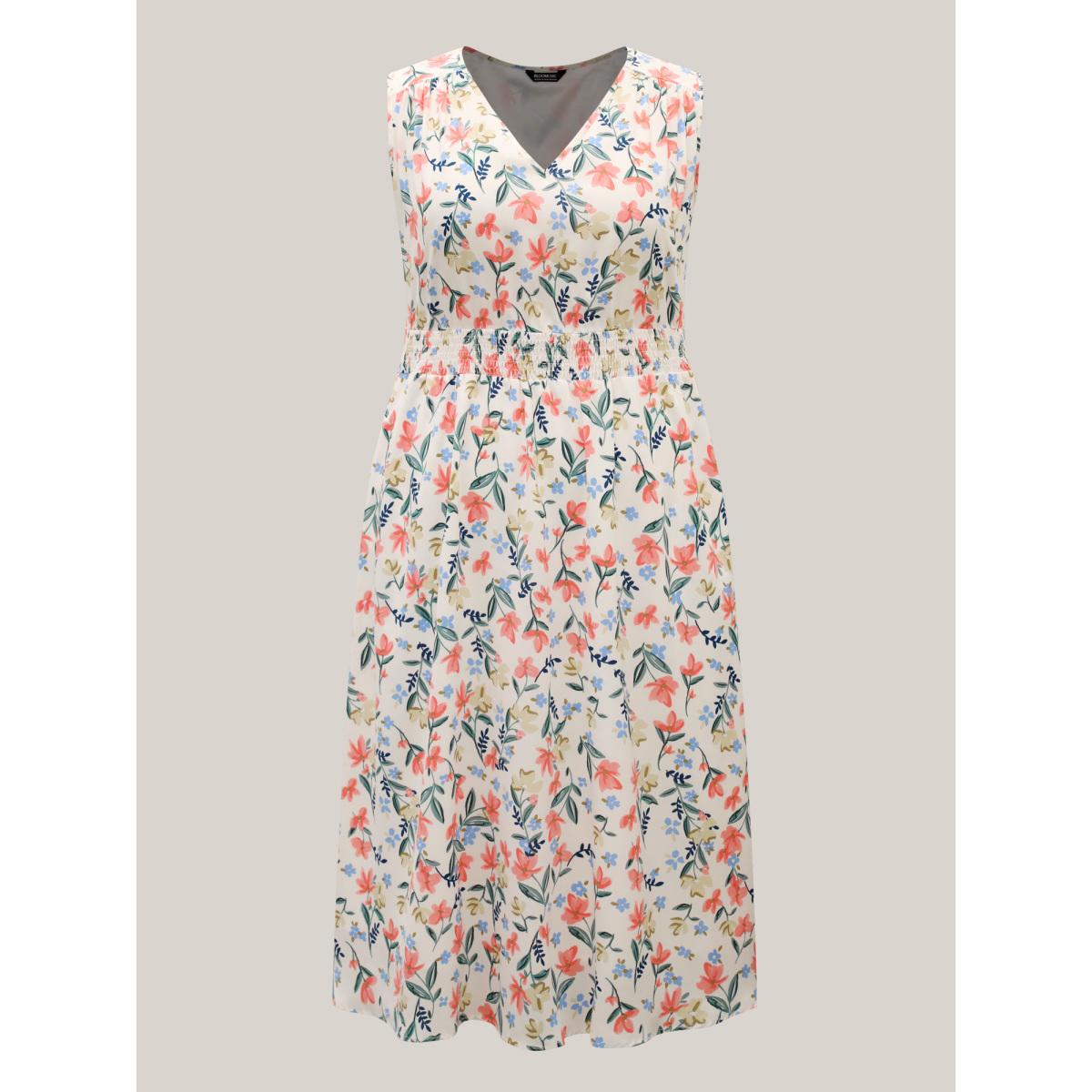 Plus Size Shirred Waist Floral Print Pockets Midi Dress Ivory Women Timeless V-neck Sleeveless Curvy BloomChic 14-16/1X Product Image