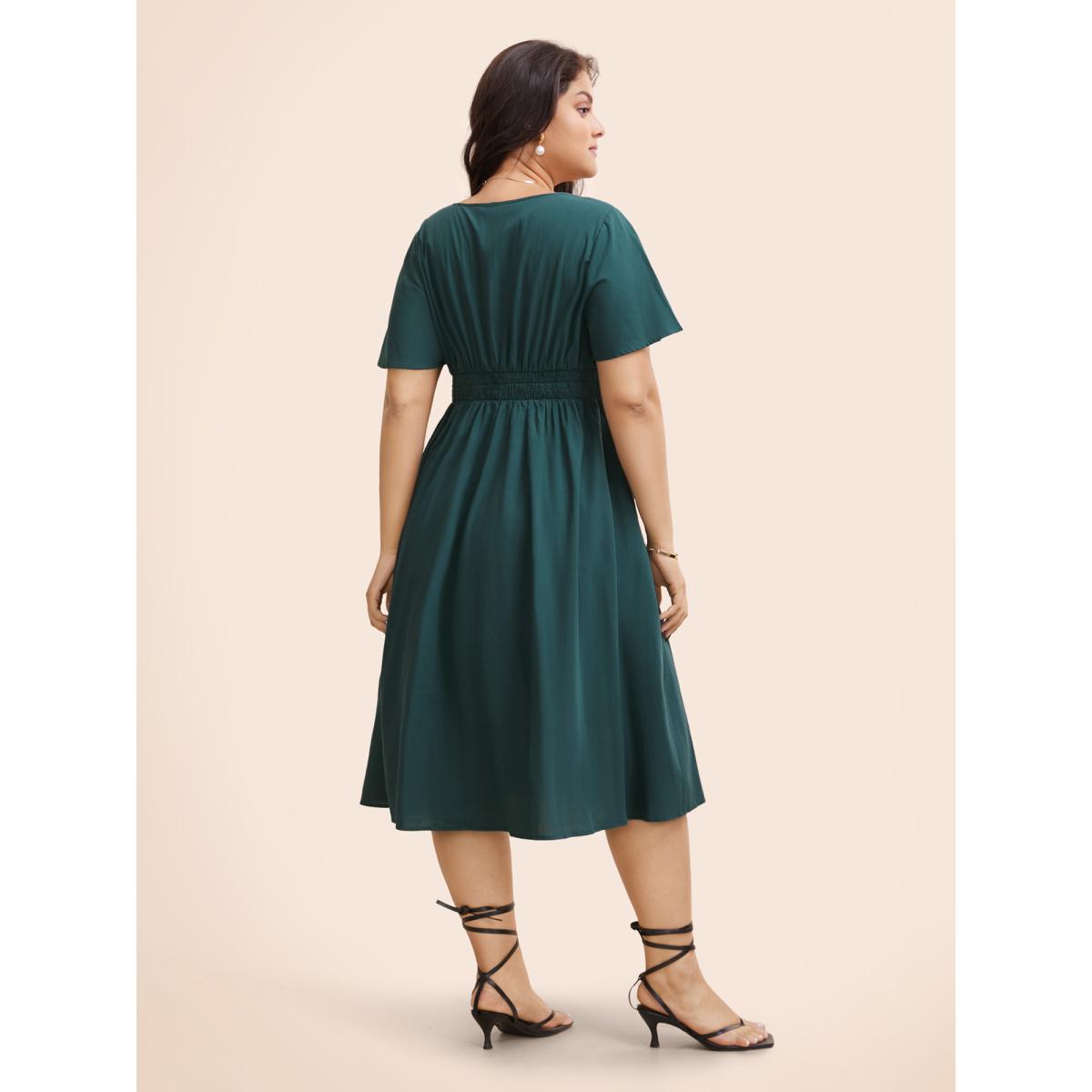 Plus Size Square Neck Ruffle Sleeve Shirred Dress ArmyGreen Women Elegant Shirred Square Neck Short sleeve Curvy BloomChic 28/5X Product Image