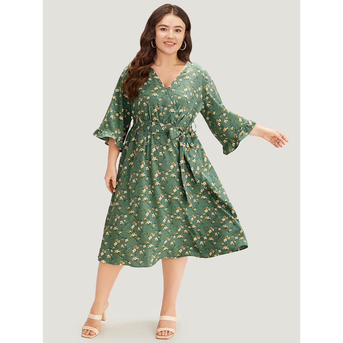 Plus Size Floral Print Surplice Neck Flutter Trim Dress Green Women Elegant Printed V-neck Elbow-length sleeve Curvy Midi Dress BloomChic 30/6X Product Image
