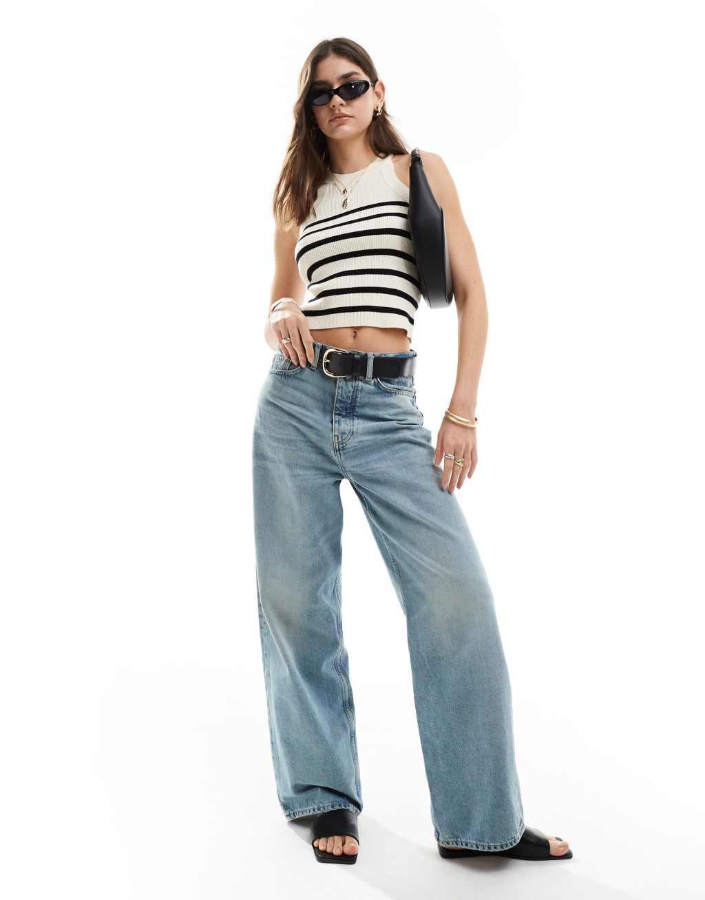 Vero Moda knitted racer neck top in cream stripe Product Image