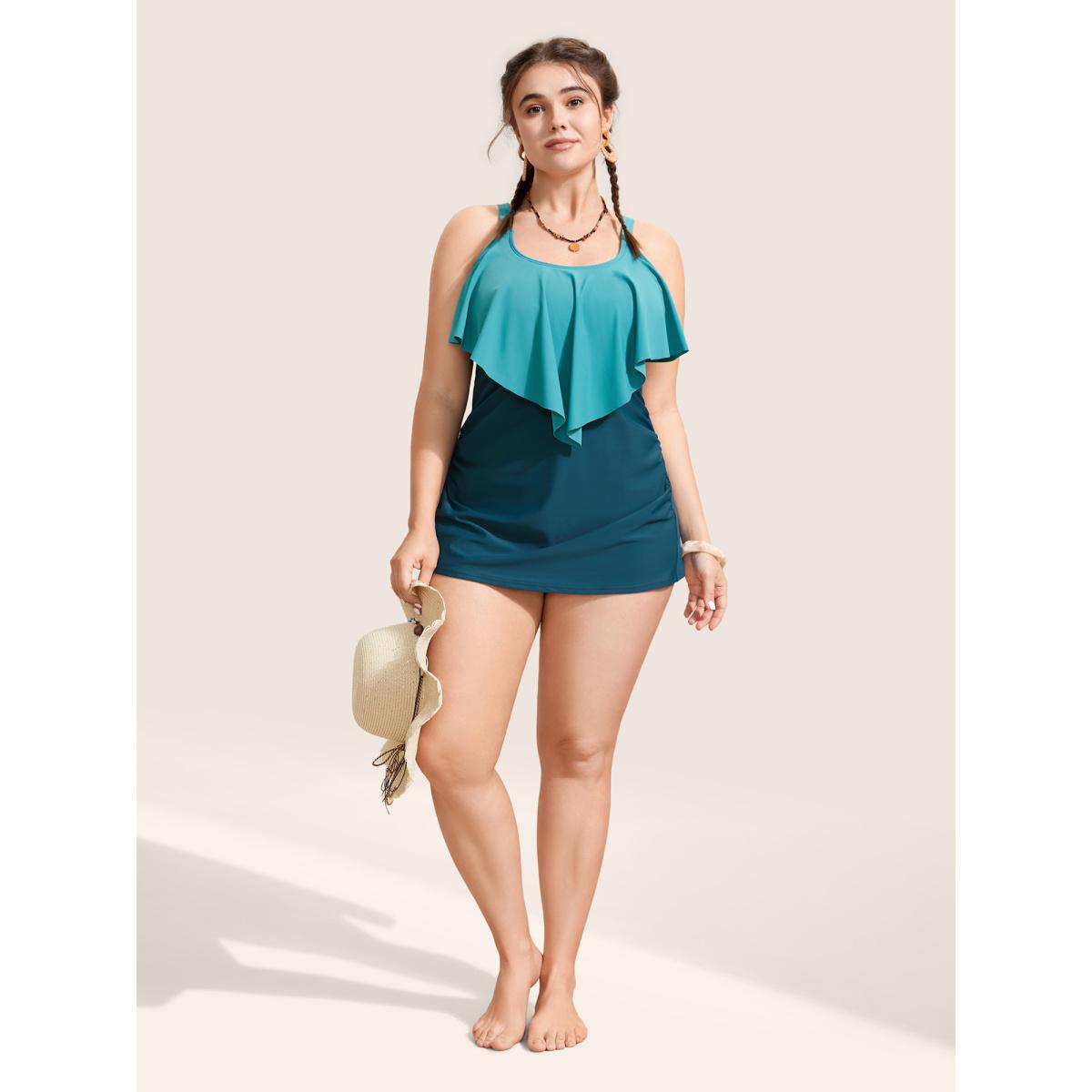 Plus Size Contrast Ruffles Adjustable Straps Swim Top Women's Swimwear Teal Beach Gathered High stretch Bodycon U-neck Curve Swim Tops BloomChic 18-20/2X Product Image