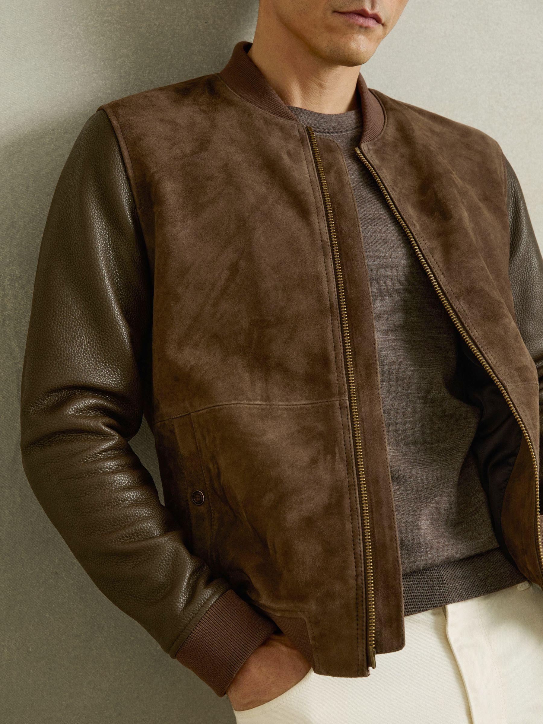Leather-Sleeve Suede Bomber Jacket in Chocolate Brown Product Image