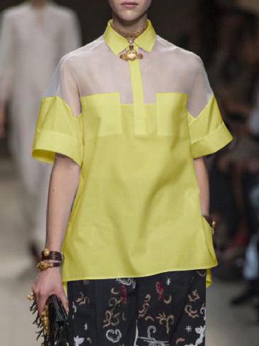 Short Sleeves See-Through Solid Color Split-Joint Lapel Blouses&Shirts Tops Product Image