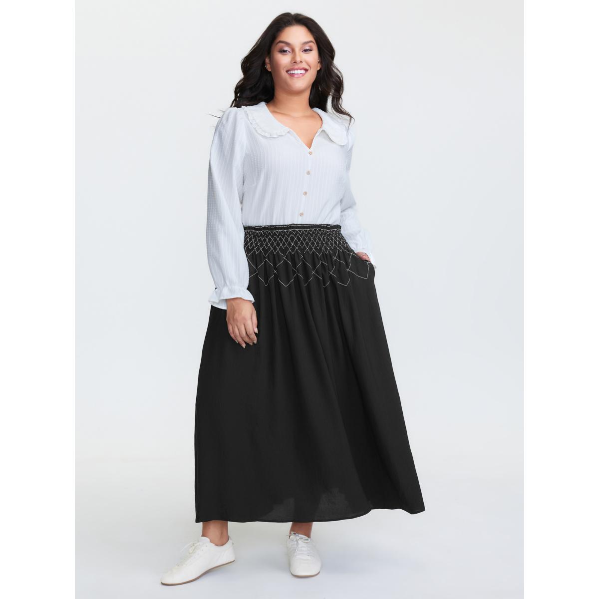 Plus Size Crisscross Waistband Shirred Midi Dress Women Black Leisure Shirred Loose No stretch Side seam pocket Casual Skirts BloomChic 12/L Product Image