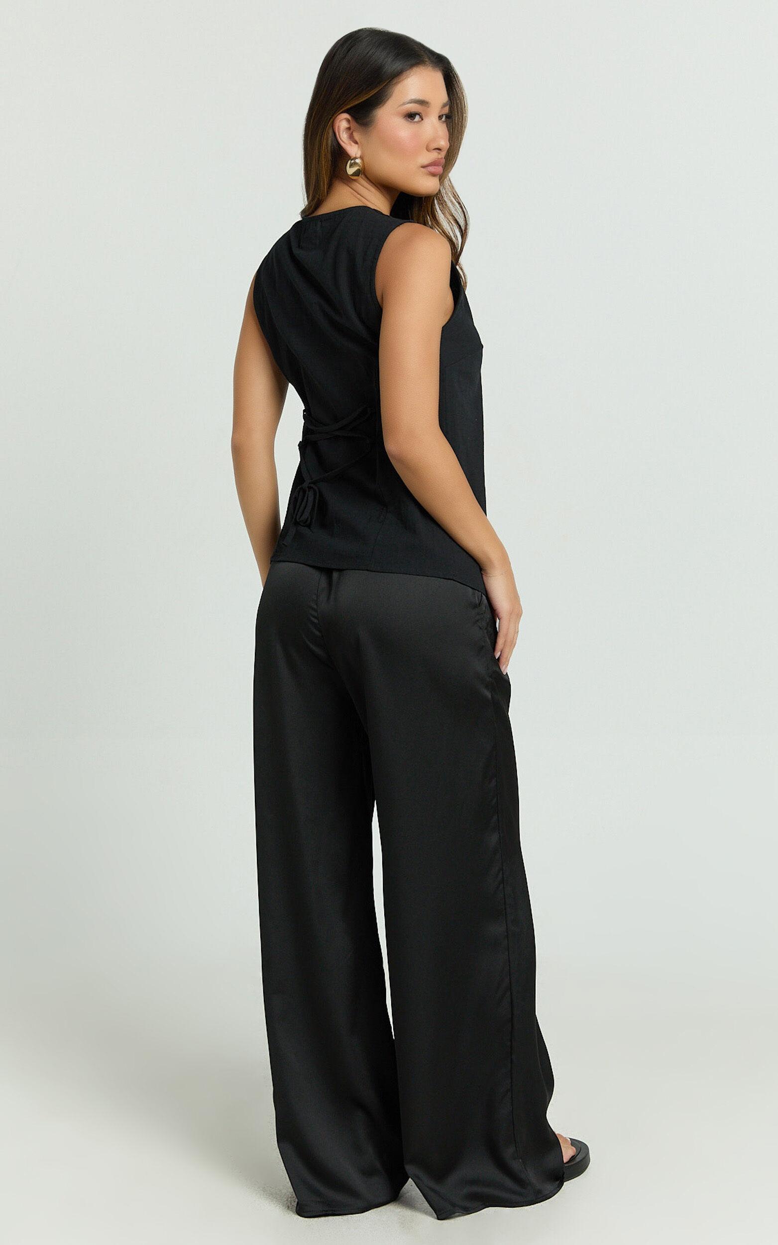 Myrna Two Piece Set - Gold Hardware Waistcoat Top and Relaxed Satin Pants Set in Black Product Image