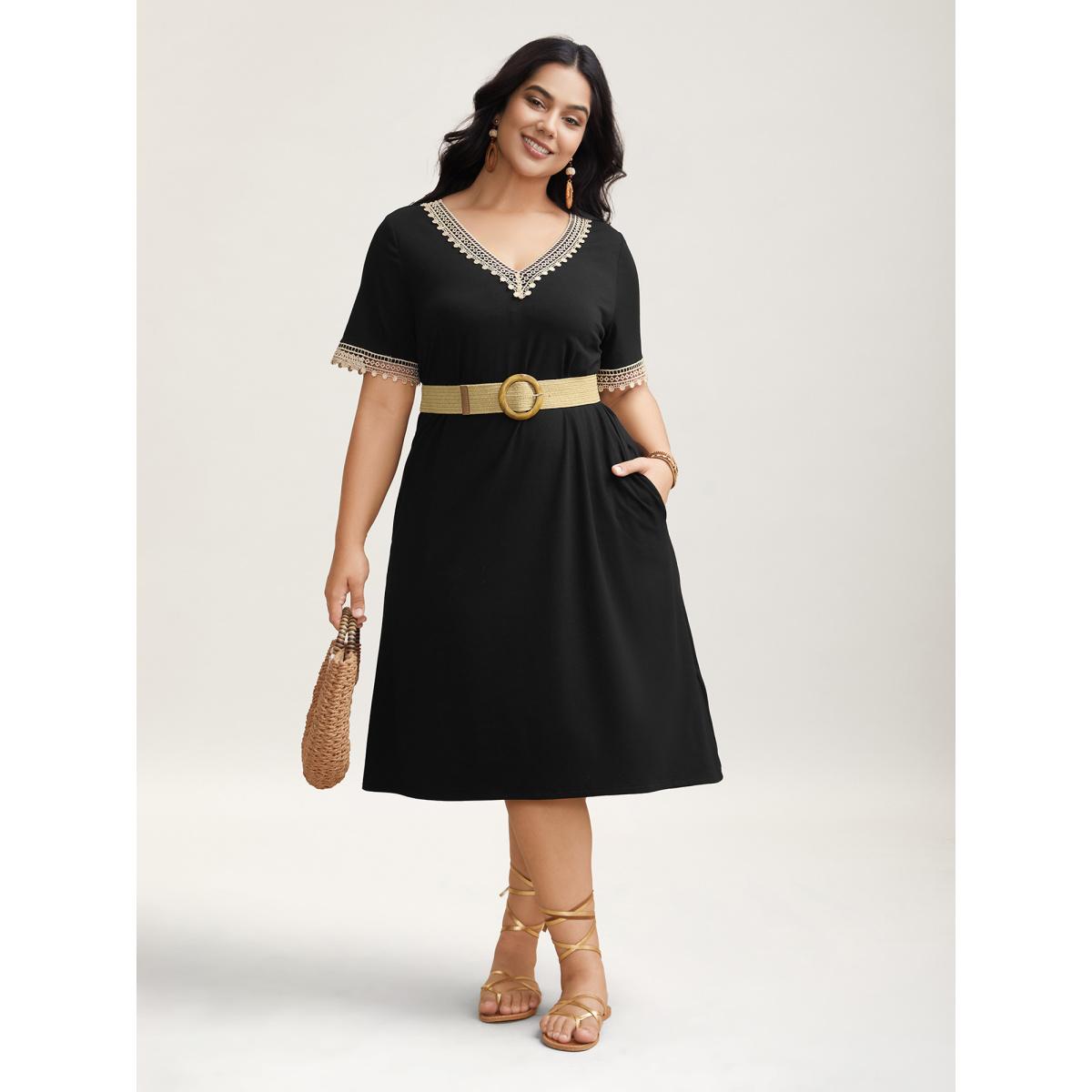 Plus Size Super Soft V-Neck Lace Midi Dress Black Women Boho Woven ribbon&lace trim Knit Dresses Bloomchic 18-20/2X Product Image