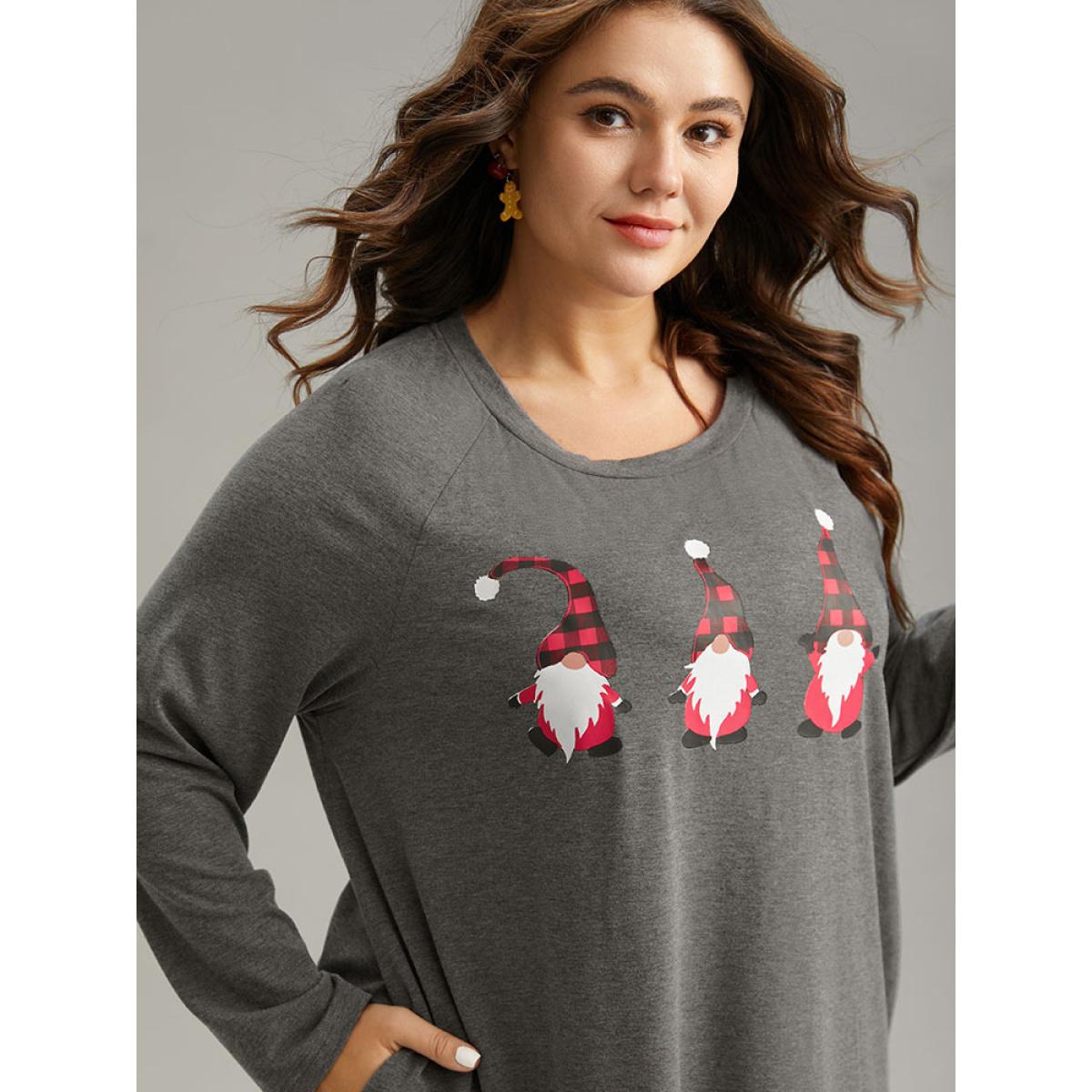 Plus Size Santa Claus Print Long Sleeve T-shirt Gray Women Casual Printed Christmas Dailywear T-shirts BloomChic 18-20/2X Product Image