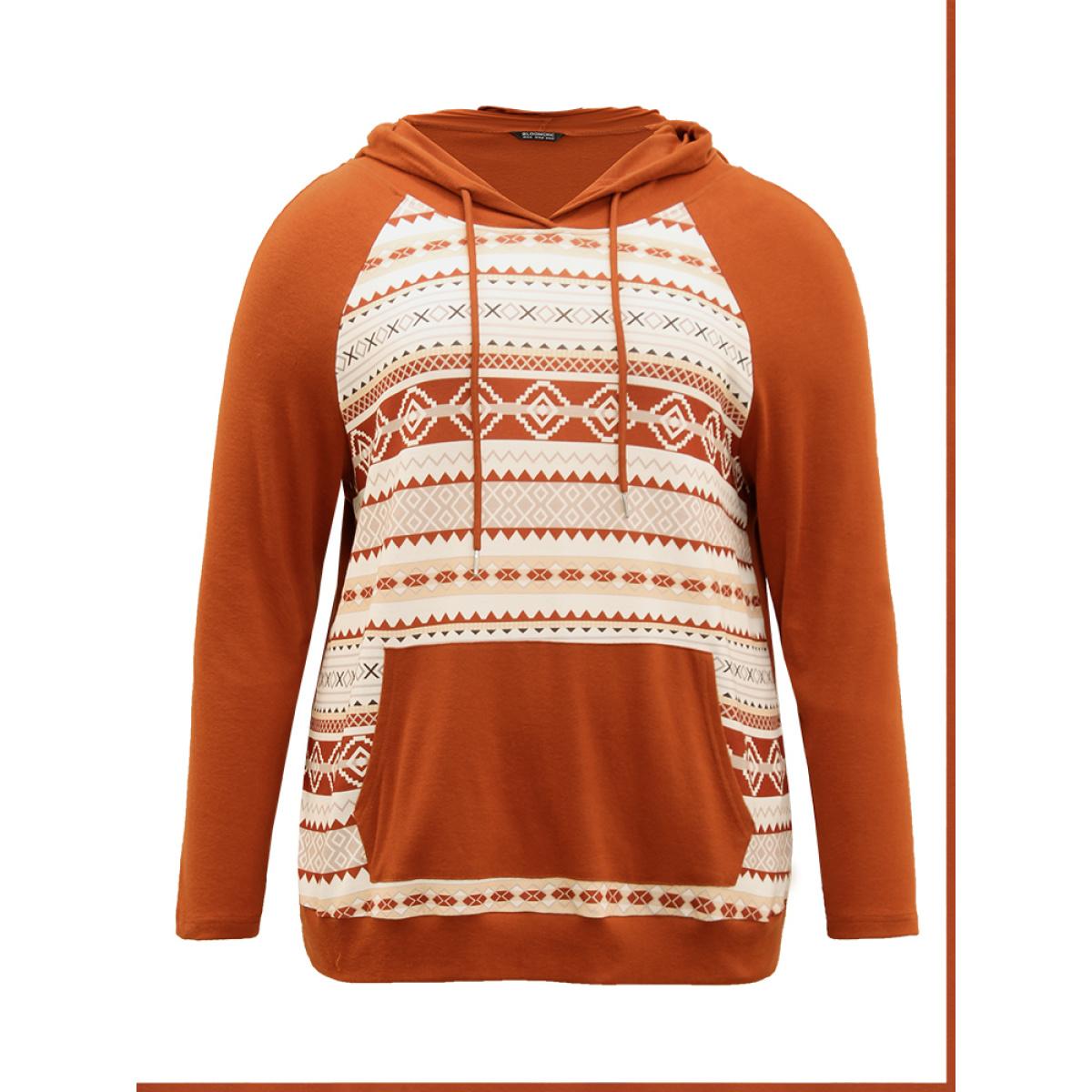 Plus Size Boho Print Hooded Drawstring Sweatshirt Women Rust Casual Non Hooded Everyday Sweatshirts BloomChic 10/M Product Image