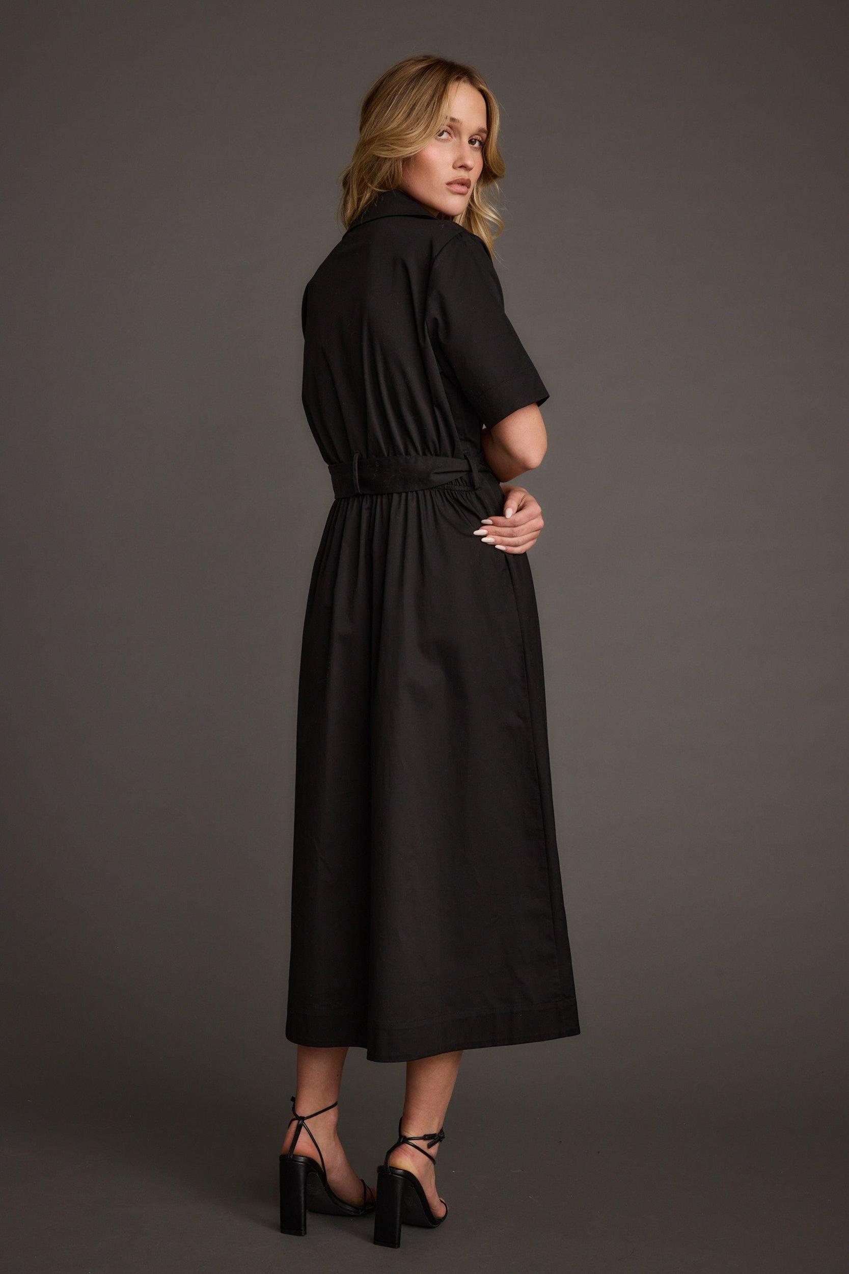 Leena Black Button Front Belted Midi Dress Product Image