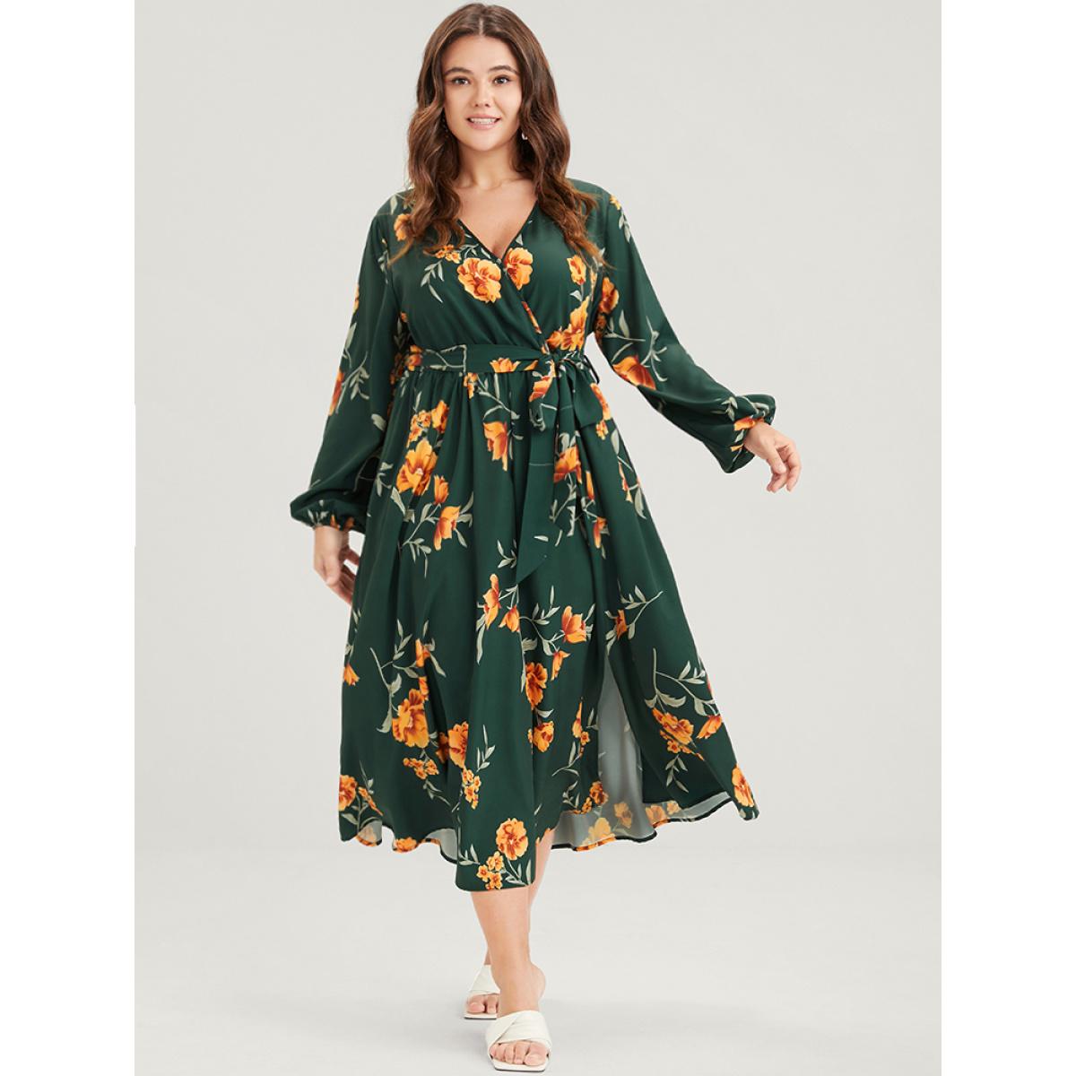 Plus Size Floral Pocket Lantern Sleeve Flutter Split Hem Ties Wrap Dress DarkGreen Women Elegant Cross straps V-neck Long Sleeve Curvy Midi Dress BloomChic 22-24/3X Product Image