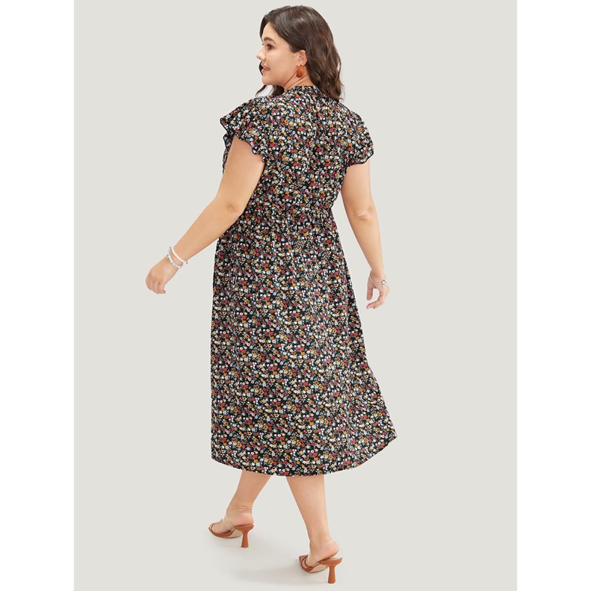 Plus Size Ditsy Floral Ruffle Sleeve Pocket Frill Trim Mock Neck Dress Black Women Elegant Pocket Mock Neck Half Sleeve Curvy Midi Dress BloomChic 26/4X Product Image