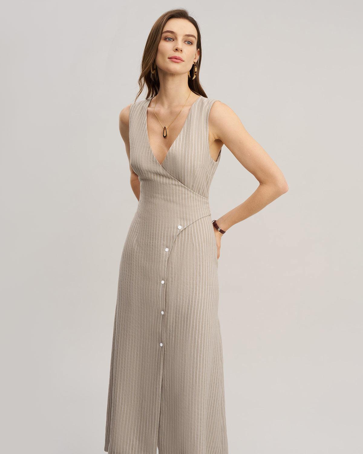 Khaki Striped V-Neck Sleeveless Maxi Dress Product Image