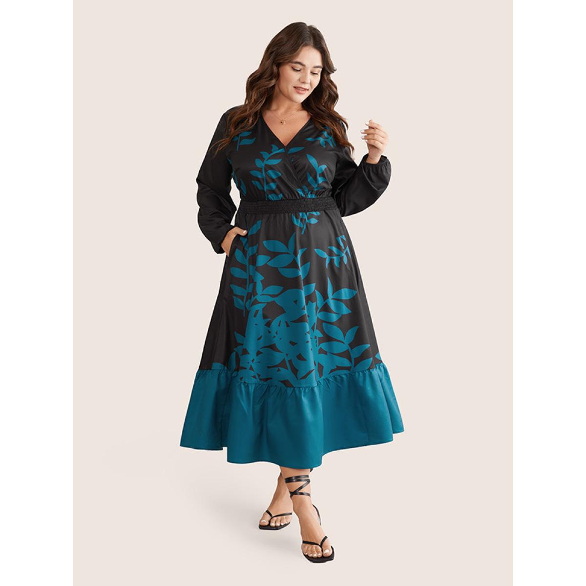 Plus Size Silhouette Floral Print Surplice Neck Shirred Dress Emerald Women Elegant Elastic cuffs Overlap Collar Long Sleeve Curvy Midi Dress BloomChic 22-24/3X Product Image