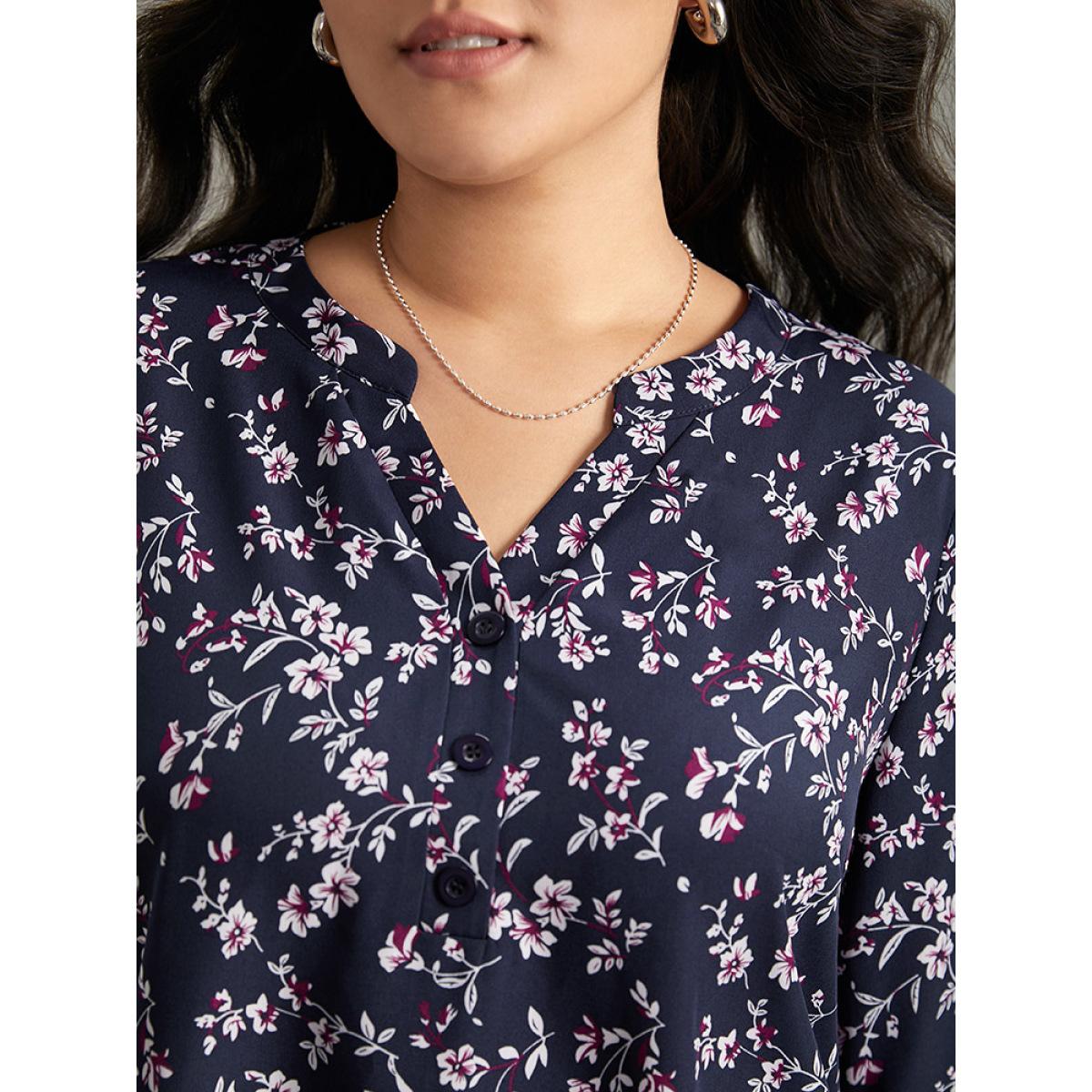 Plus Size Indigo Ditsy Floral Pleated Cuffs Patchwork Blouse Women Elegant Elbow-length sleeve V-neck Dailywear Blouses BloomChic 12/L Product Image