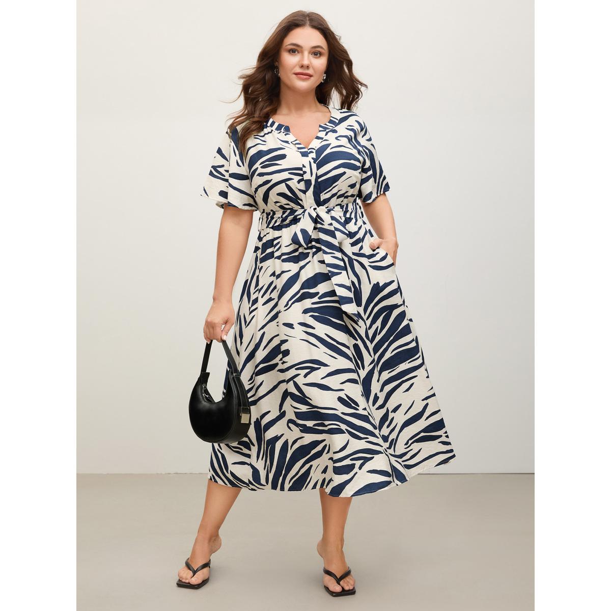 Plus Size Abstract Print Belted Pockets Midi Dress Ivory Women Office Belted Notched collar Short sleeve Curvy BloomChic 12/L Product Image