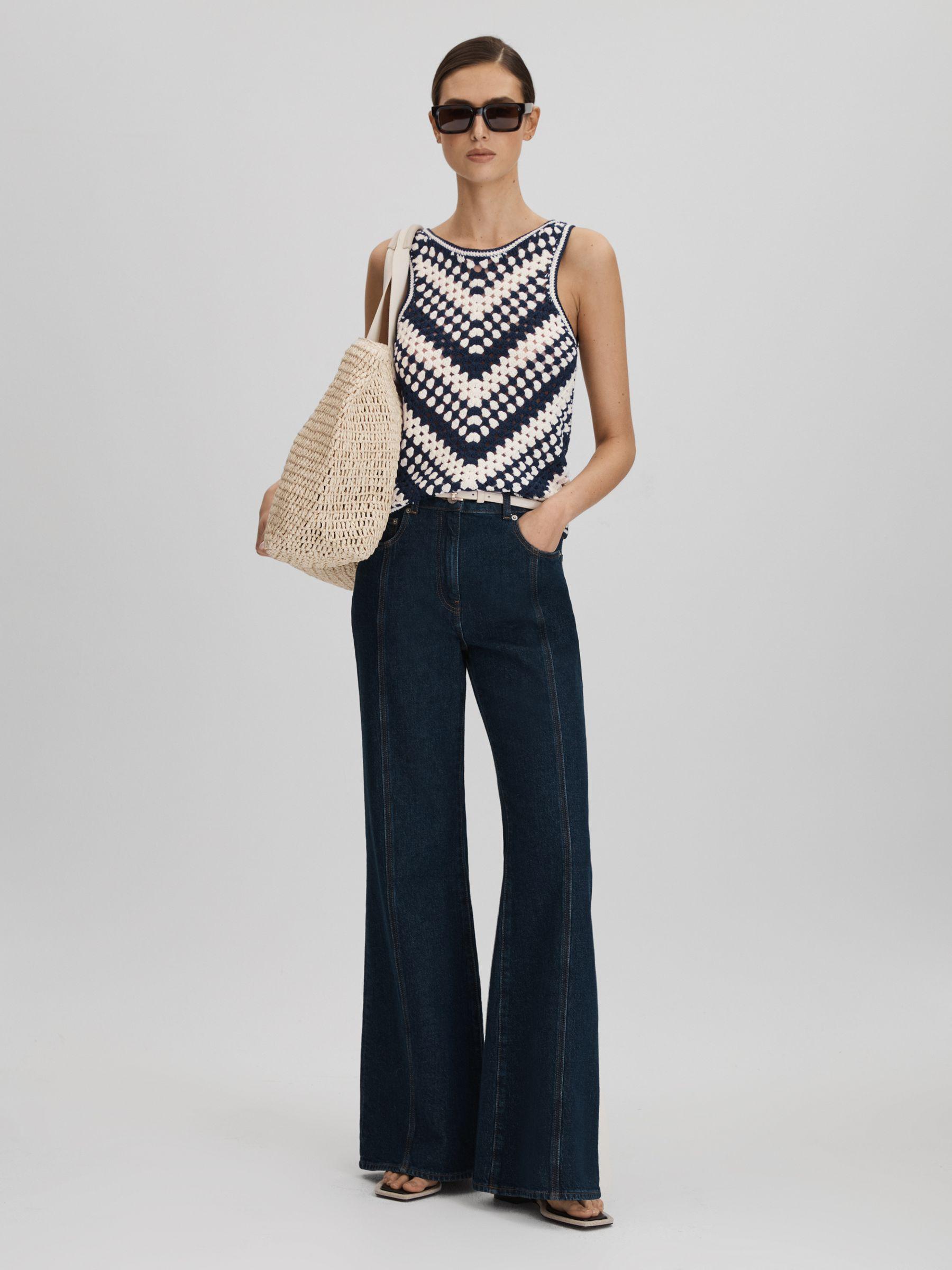 Crochet Crew Neck Vest in Navy/Ivory Product Image