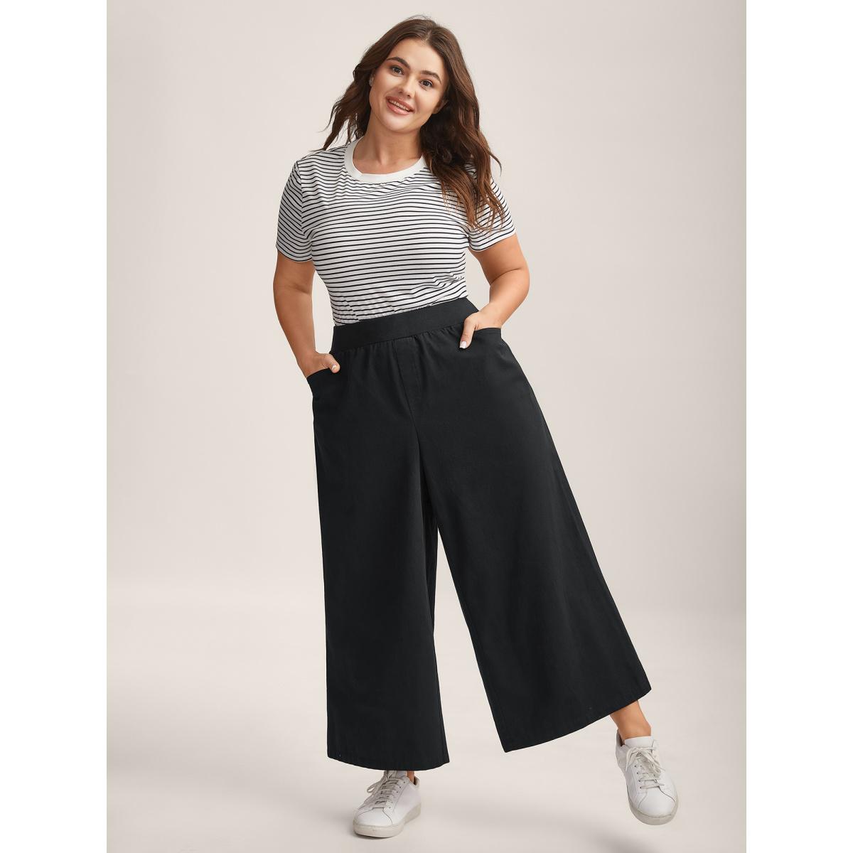 Plus Size Cotton Threaded Spliced Wide-Leg Pants Women Black Casual Wide Leg Mid Rise Everyday-Casual Pants BloomChic 22-24/3X Product Image