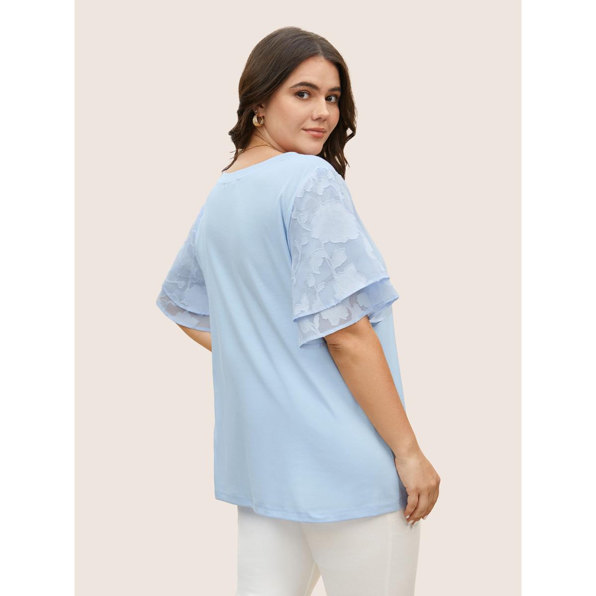 Plus Size Mesh Patchwork Tiered Ruffle Sleeve T-shirt LightBlue Women Elegant Patchwork Round Neck Everyday T-shirts BloomChic 12/L Product Image