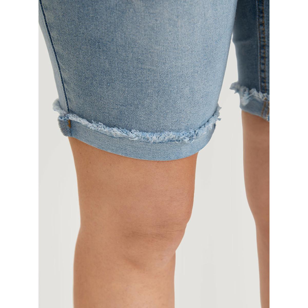 Plus Size Moderately Stretchy High Rise Light Wash Distressed Denim Shorts Women LightBlue Casual Plain Medium stretch Pocket Jeans BloomChic 14/1X Product Image