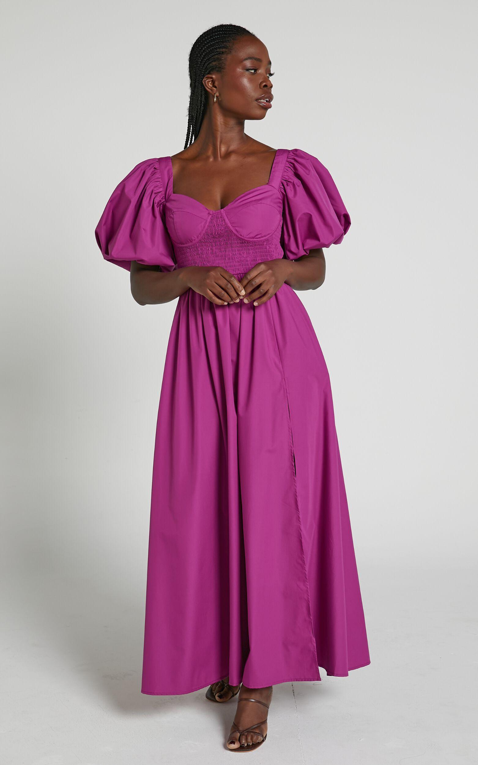 Raiza Midi Dress - Shirred Waist Puff Sleeve Dress in Orchid Product Image