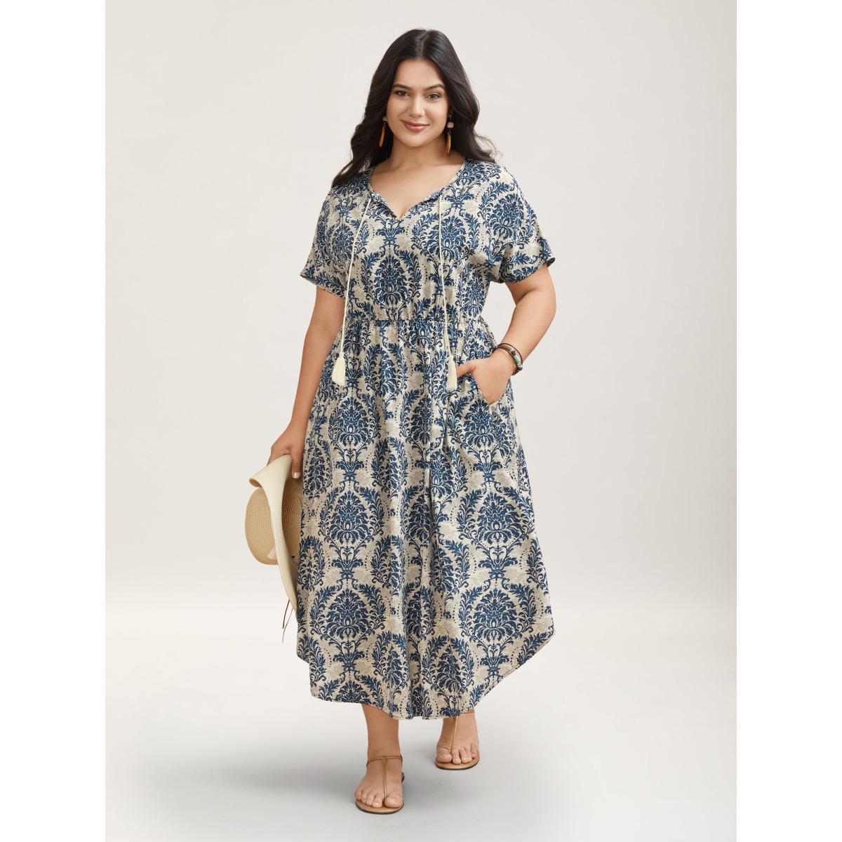 Plus Size Ornate Print Curvy Hem Tied Maxi Dress Navy Women Resort Tie knot V-neck Short sleeve Curvy BloomChic 28/5X Product Image