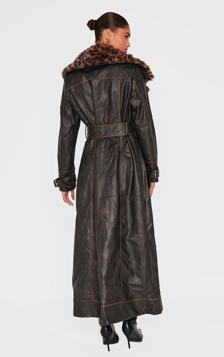Washed Brown Detachable Leopard Faux Fur Trim PU Trench Coat Product Image