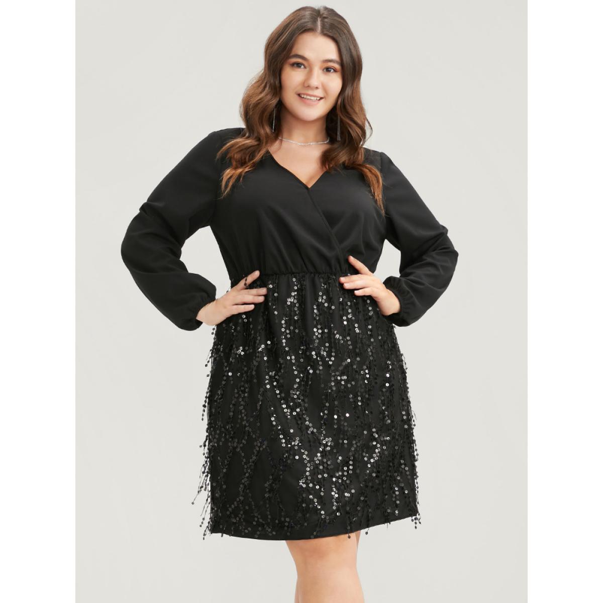 Plus Size Solid Patchwork Wrap Sequin Tassel Detail Dress Black Women Party Patchwork V-neck Long Sleeve Curvy Knee Dress BloomChic 28/5X Product Image