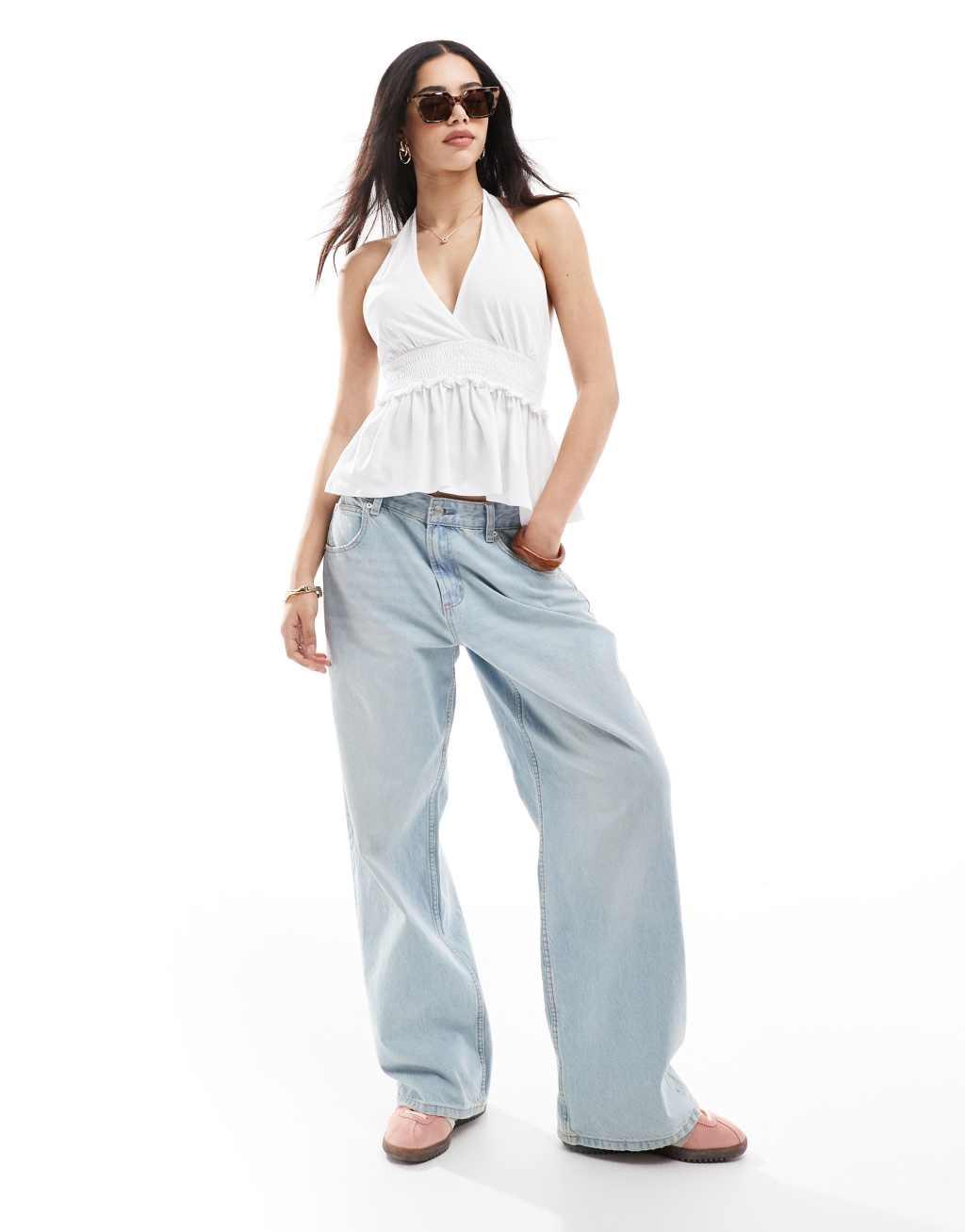 ASOS DESIGN shirred halter top with peplum hem in white Product Image