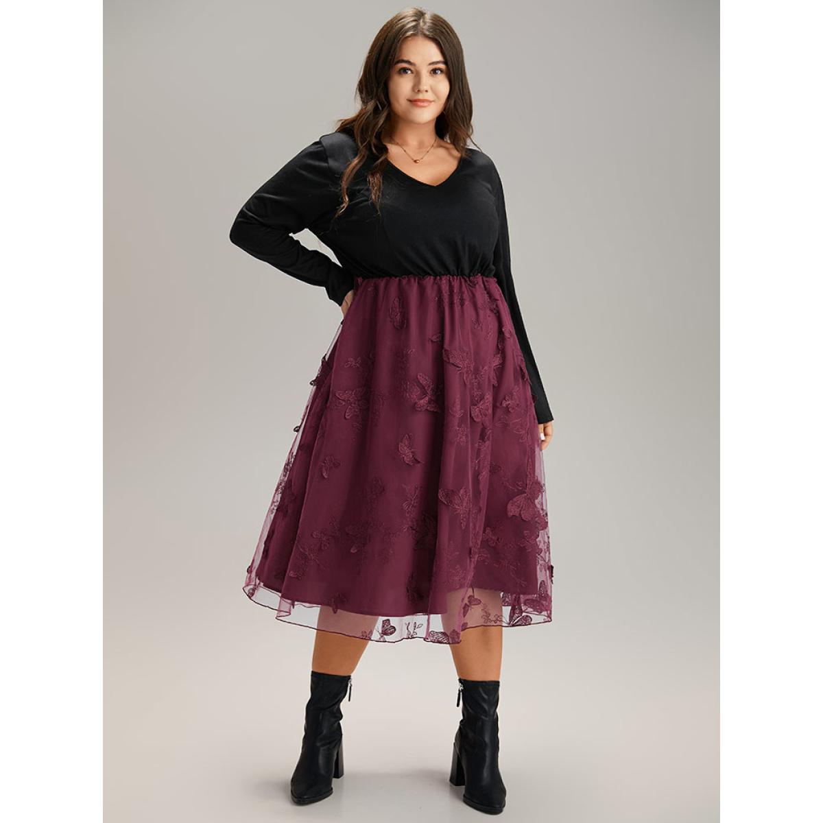 Plus Size Butterfly Graphic Patchwork Mesh Dress Burgundy Women Glamour See through V-neck Long Sleeve Curvy Midi Dress BloomChic 26/4X Product Image