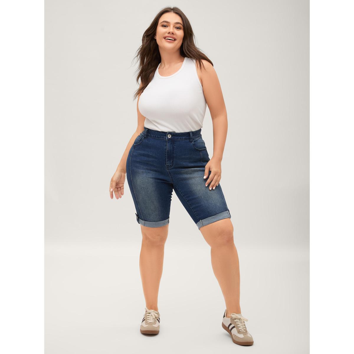Plus Size Rolled Hem Skinny-Fit Denim Shorts Women Midblue High stretch Casual Slanted pocket Denim Shorts BloomChic 10/M Product Image