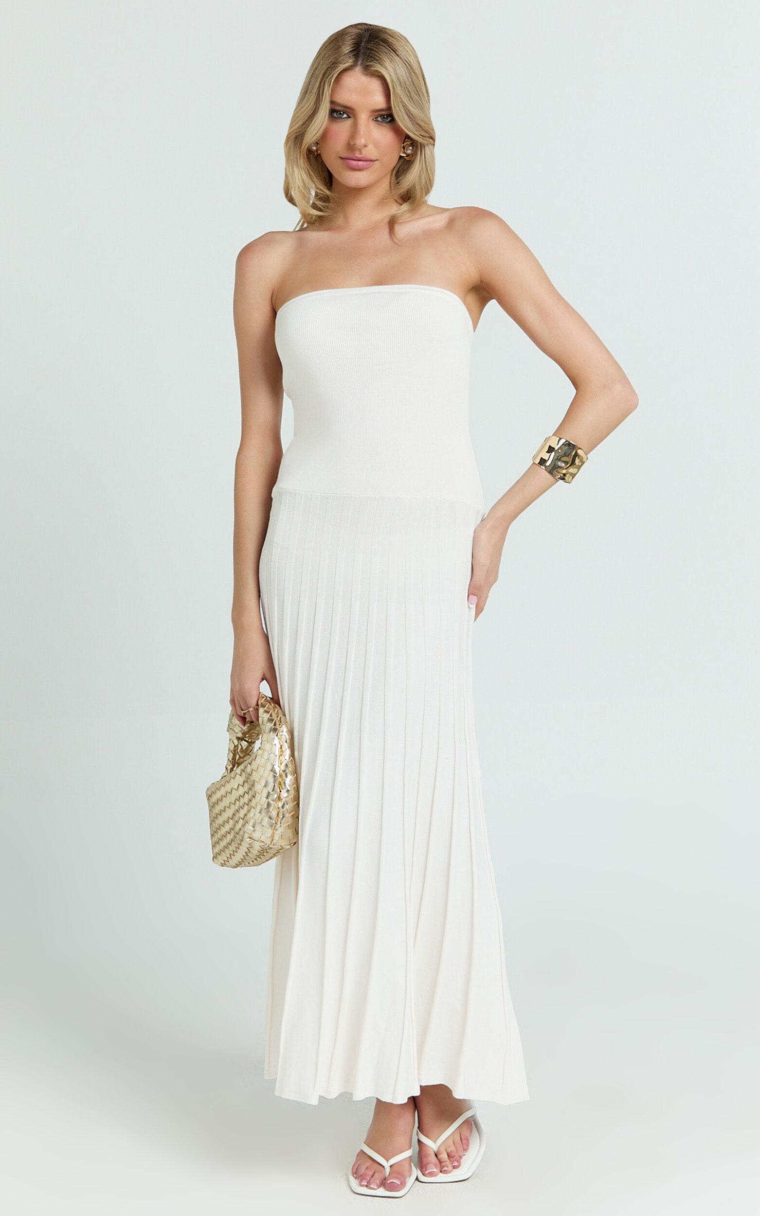 Paris Midi Dress - Strapless Drop Waist Pleated Knit Dress in White Product Image