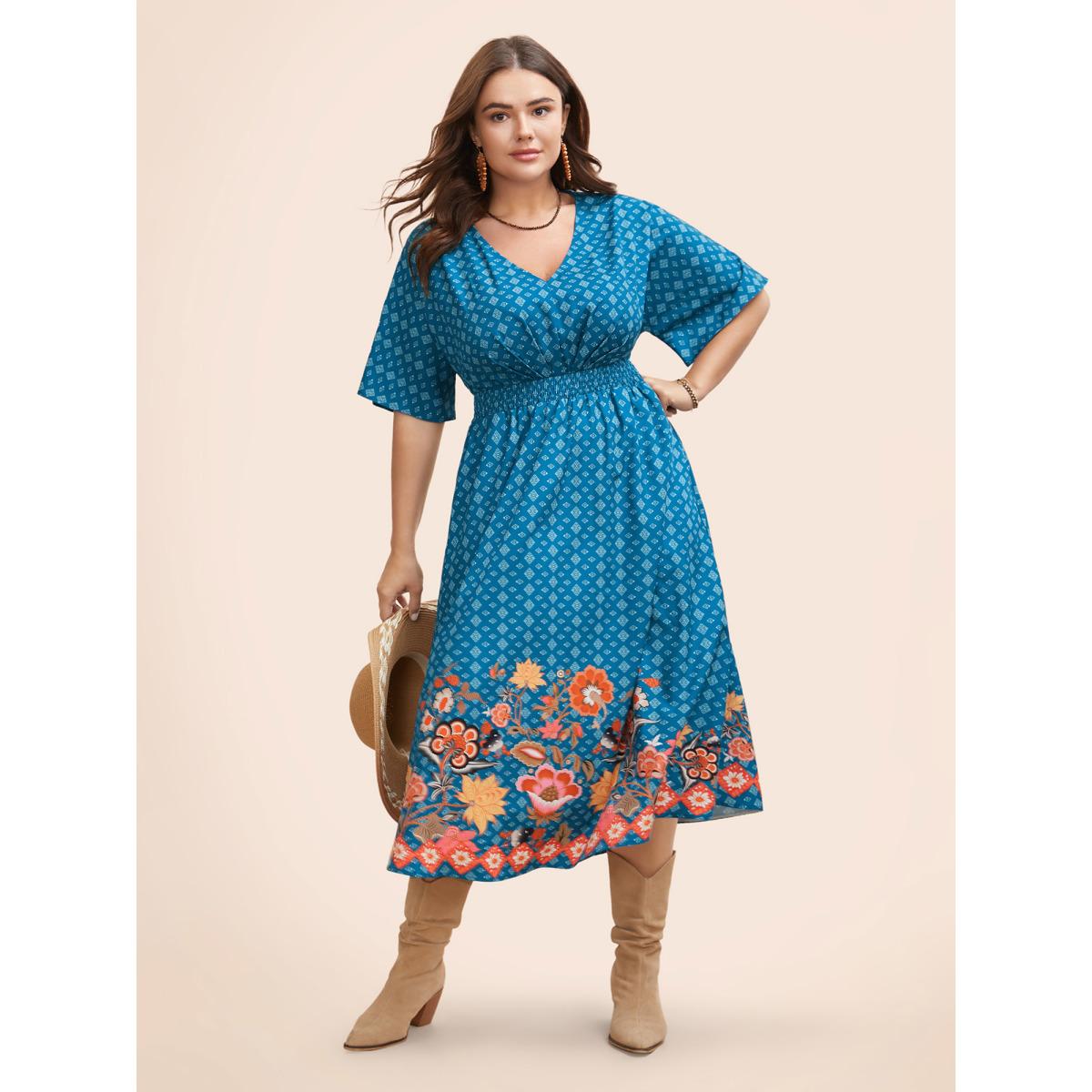 Plus Size Boho Print Shirred Pleated Dolman Sleeve Dress Aegean Women Resort Pleated V-neck Half Sleeve Curvy BloomChic 14-16/1X Product Image
