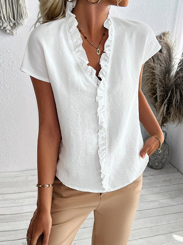 Loose Short Sleeves Ruffle Trim Solid Color V-Neck Blouses&Shirts Tops Product Image