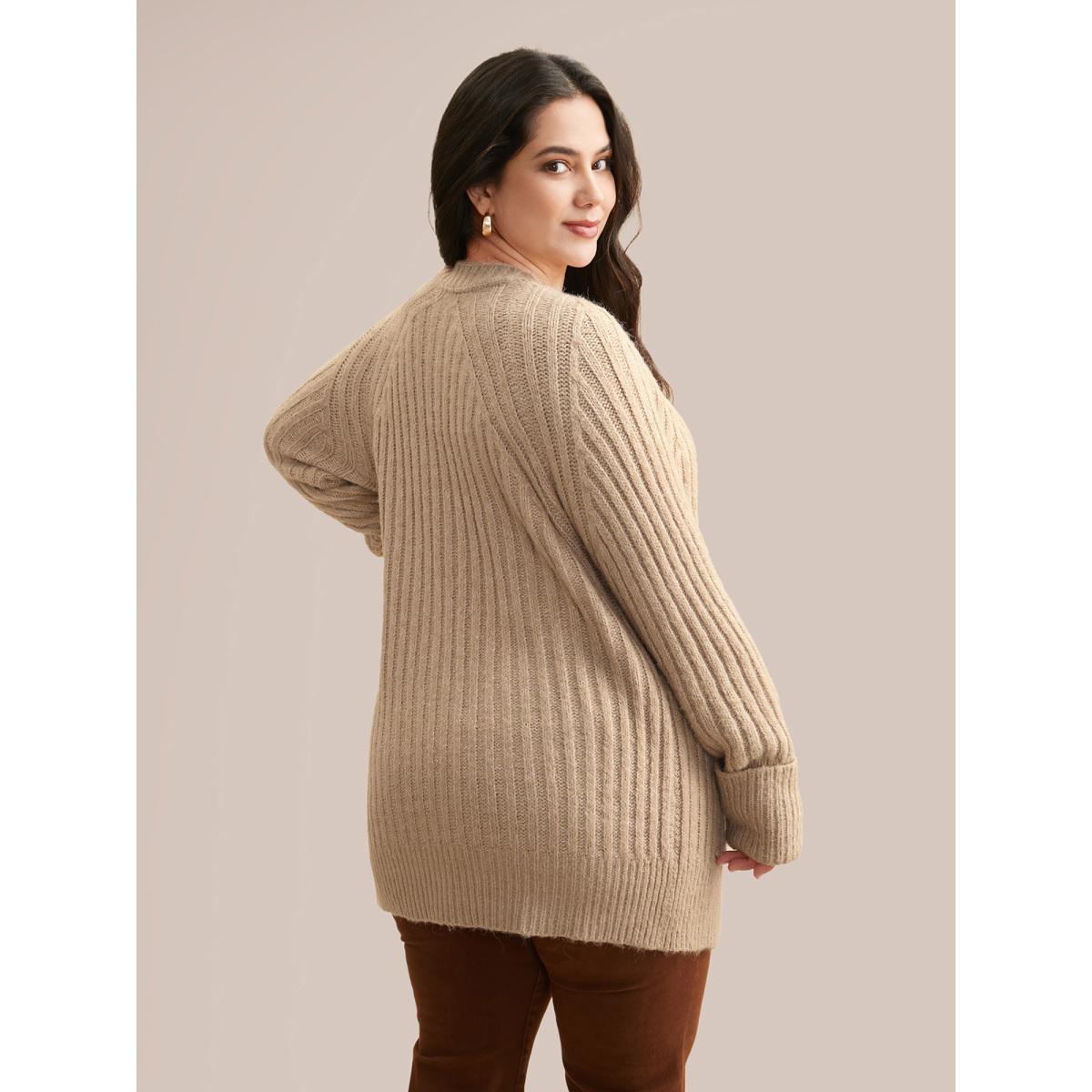 Plus Size Airy Cozy Solid Raglan Sleeve Wool Cardigan LightBrown Women Casual Loose Long Sleeve Everyday Cardigans BloomChic 30/6X Product Image