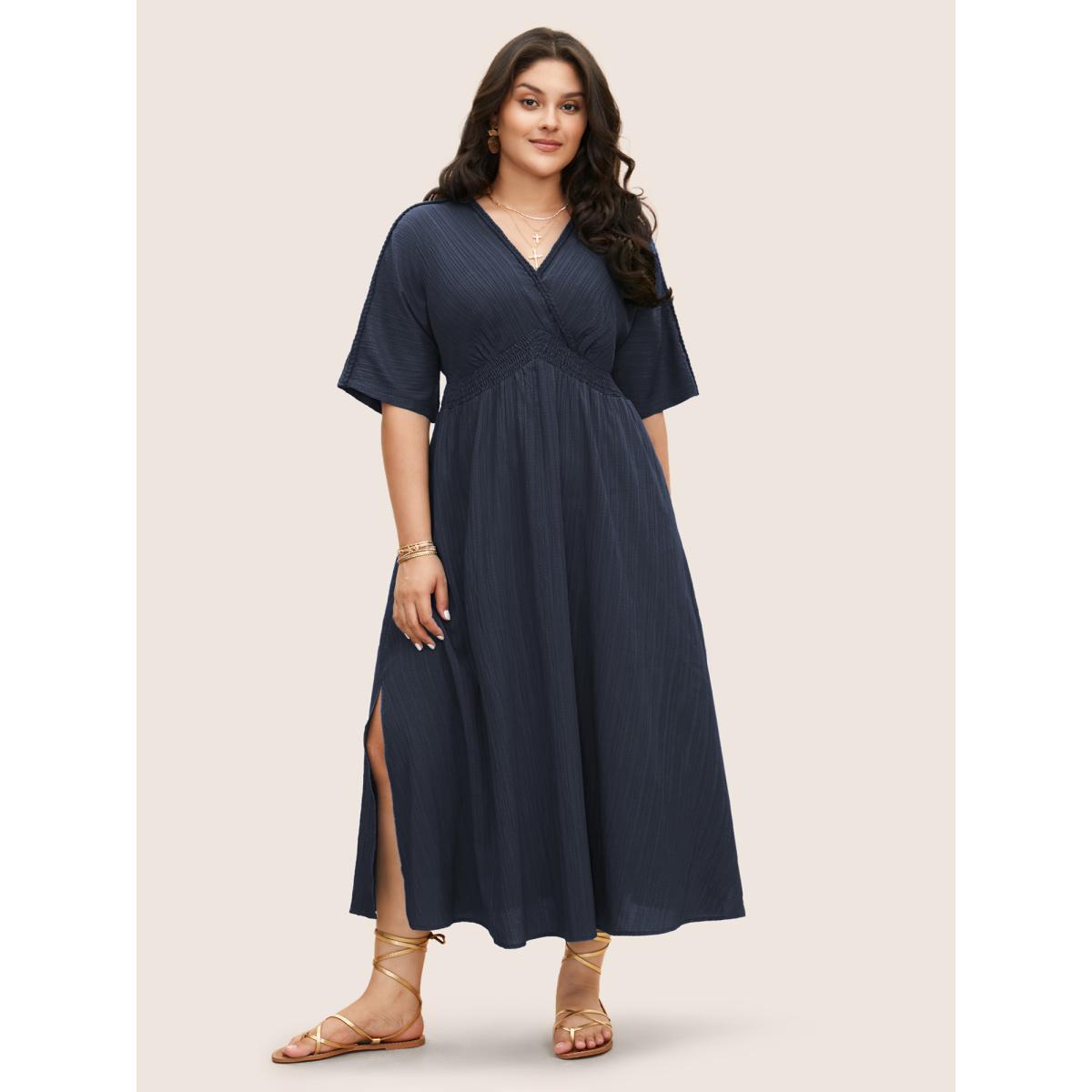 Plus Size V Neck Shirred Contrast Webbing Split Side Dress DarkBlue Women Boho Texture V-neck Half Sleeve Curvy BloomChic 10/M Product Image