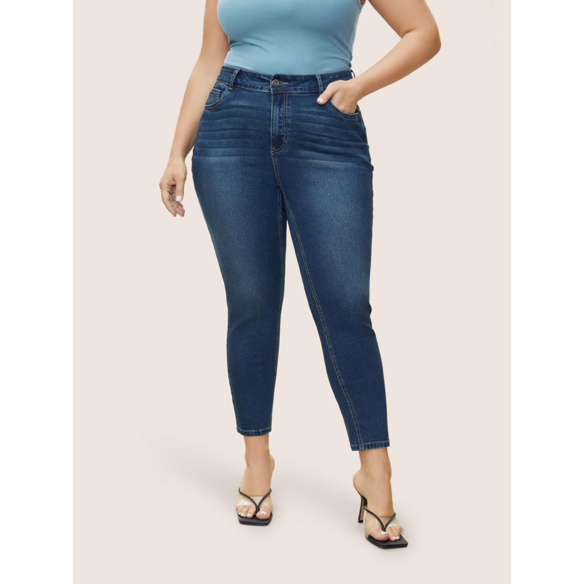 Plus Size Plain Pocket Embroidered Skinny Jeans Women Indigo Casual Plain Non High stretch Slanted pocket Jeans BloomChic 30/6X Product Image