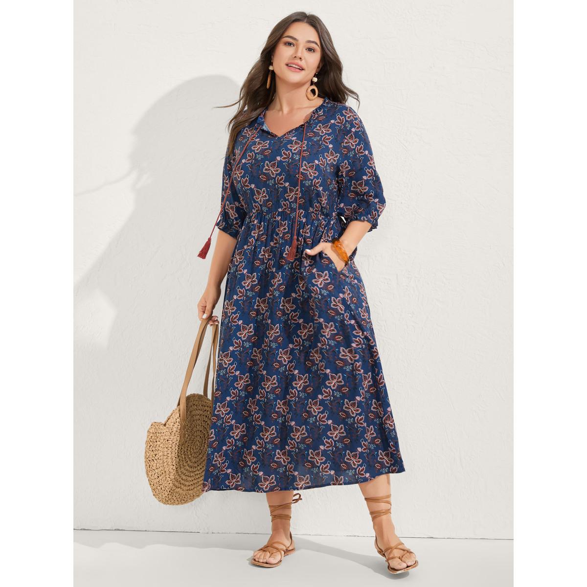 Plus Size Boho Floral Neck Tie Midi Dress DarkBlue Women Boho Notched collar Half Sleeve Curvy BloomChic 30/6X Product Image