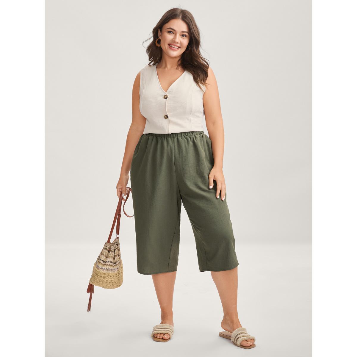 Plus Size Stretchy Waist Straight-Leg Capri Pants Women ArmyGreen Boho Straight Leg Mid Rise Vacation Pants BloomChic 12/L Product Image