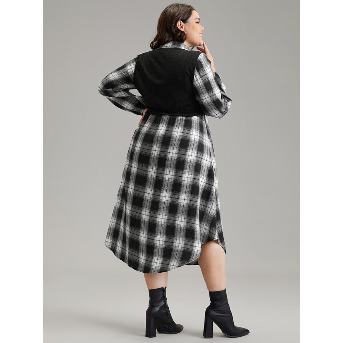 Plus Size Plaid Patchwork Jacquard Button Detail Arc Hem Dress Black Women Casual Elastic cuffs Shirt collar Long Sleeve Curvy Midi Dress BloomChic 18-20/2X Product Image
